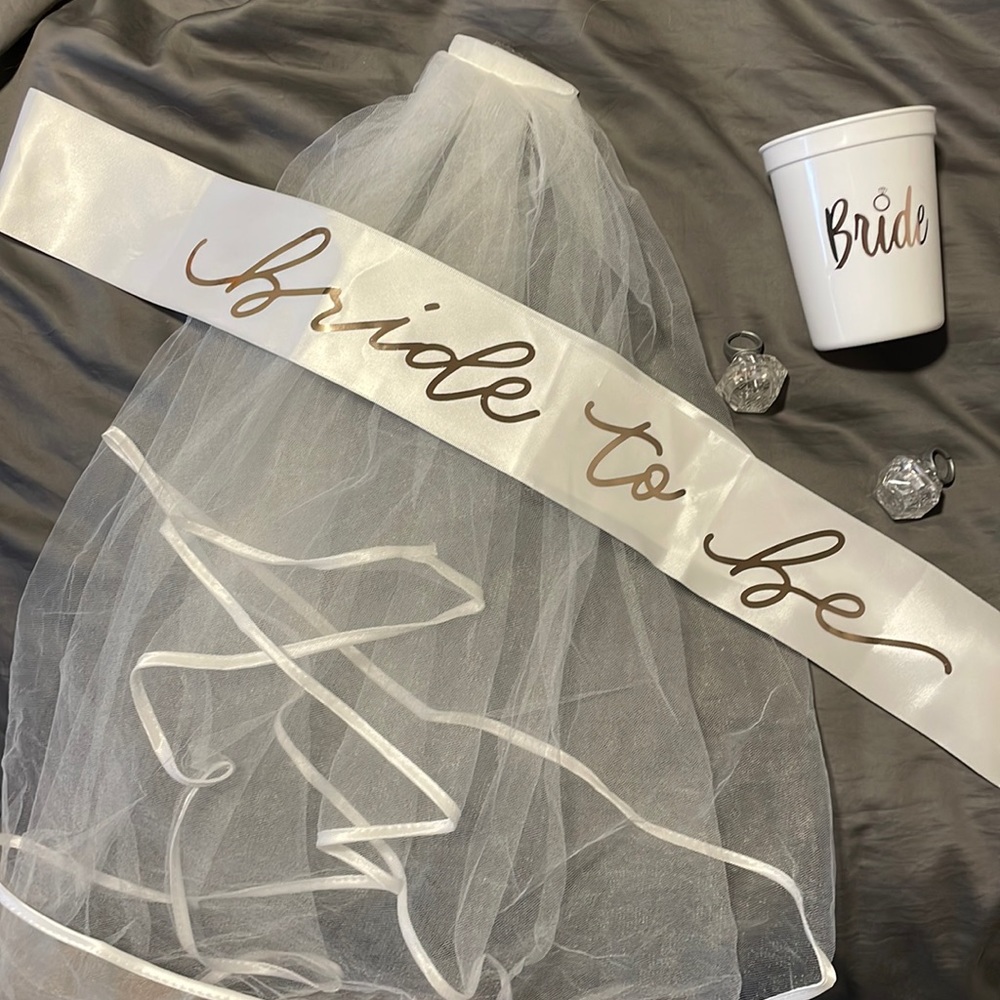 Bride Bachelorette Party Bundle: Veil, Sash, Cup and Rings